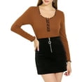 thumbnail image 2 of INSPIRE CHIC Women's Stretchy Contrast Ruffle Trim Slim Long Sleeve Top XS Brown, 2 of 6