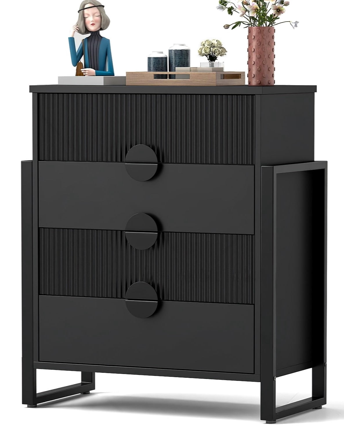 LGHM 4 Drawer Dresser, Modern Fluted Chest of Drawers for Bedroom, Living Room, Black