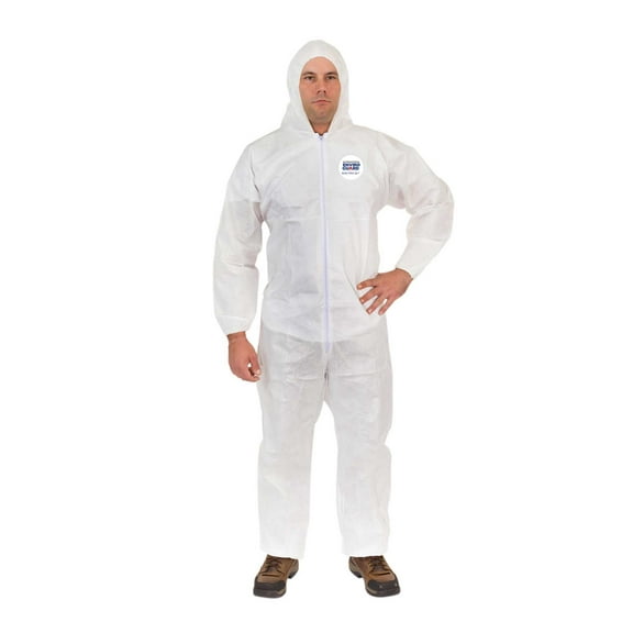 Body Filter 95  Disposable Coverall Suits (White) | Breathable Cool Material - Professional Protective Body Suit for Dust, Spray, Paint, Insulation, and More (L, Attached Hood, Elastic Wrist & Ankle)
