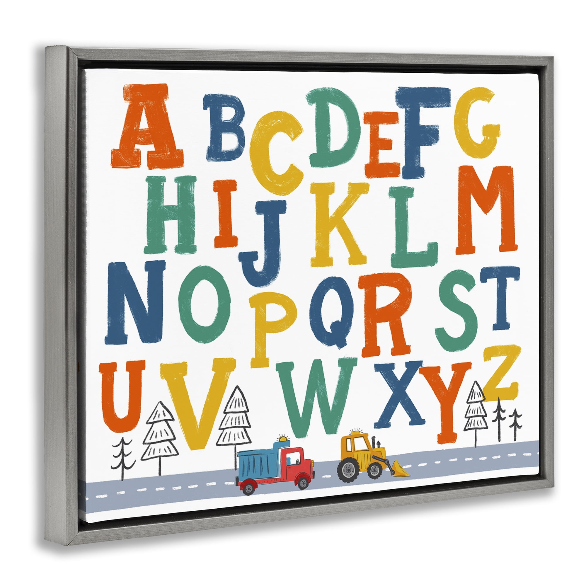 Stupell Industries Alphabet & Construction Trucks Education Painting Gray Floater Framed Canvas Art Print Wall Art, 21 x 17