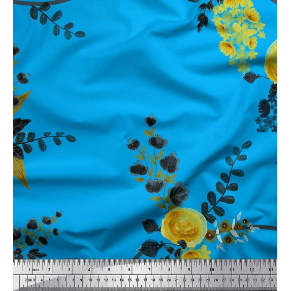 Soimoi Blue polyester Crepe Fabric Leaves & Floral Fabric Prints by Yard 42 Inch Wide