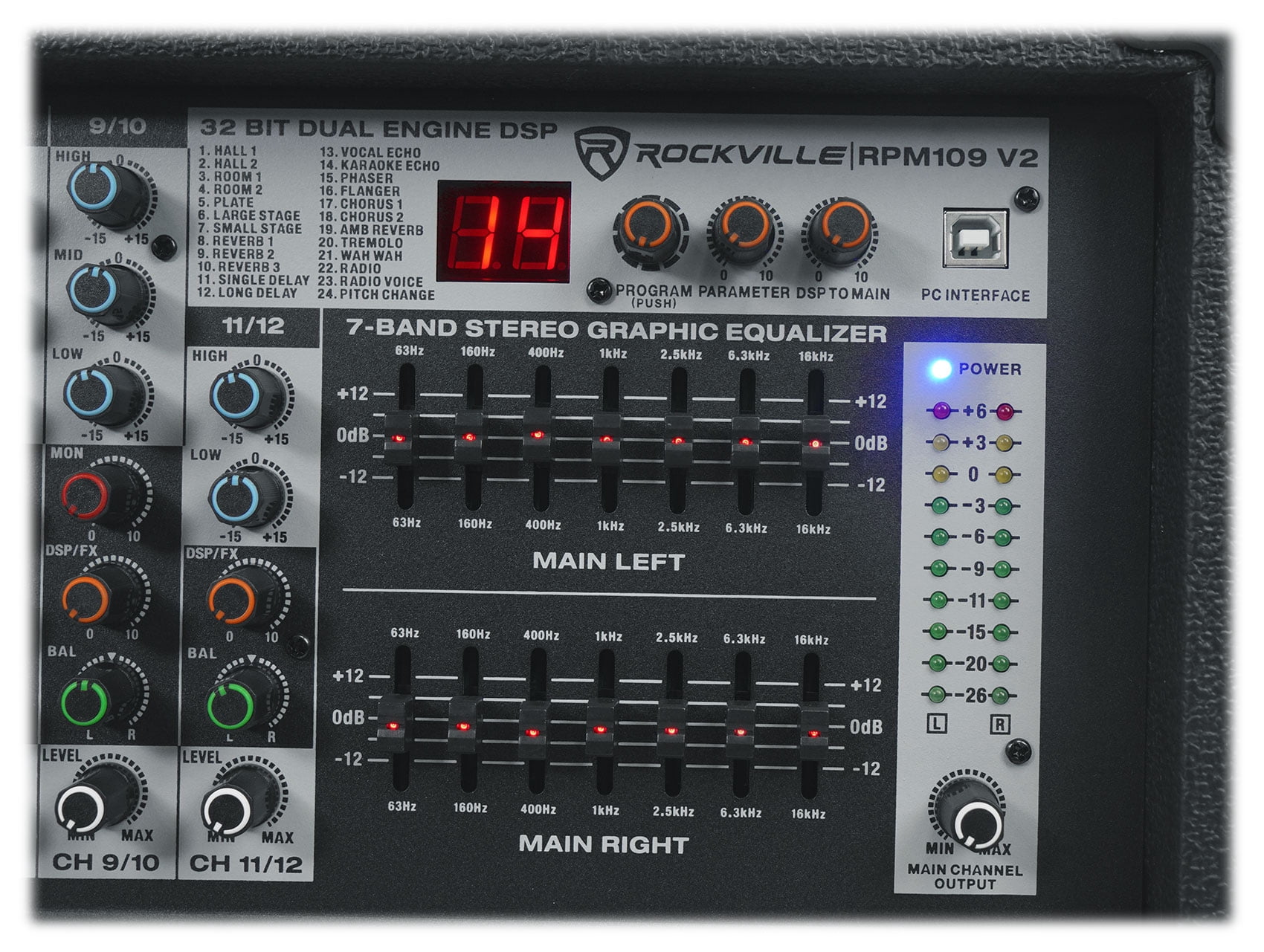 Rockville RPM109 12 Channel 4800w Powered Mixer , 7 Band EQ+8-Ch Snake Cable