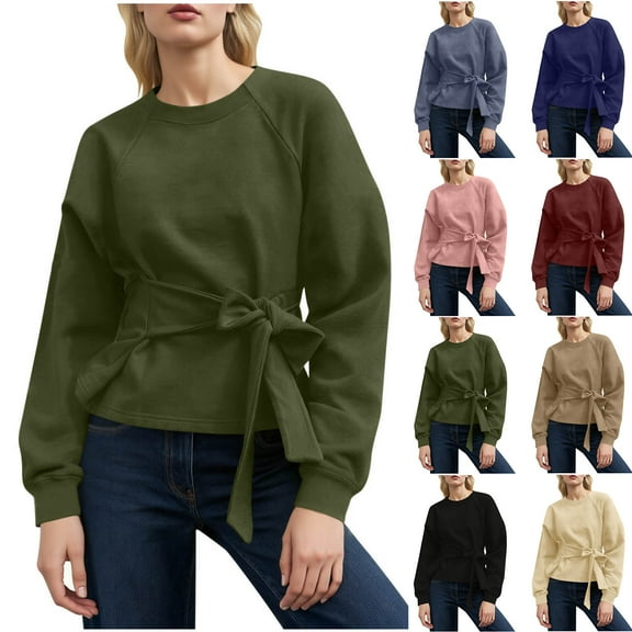 Weiqiqre Women's Tops Long Sleeves Shirt Tops Casual 2025 Fall Fashion Crewneck Tie Knit Sweatshirt Pullover