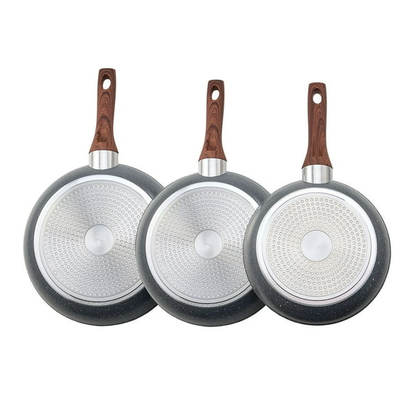 KFFKFF 3-Piece Aluminum Frying Pan Set, Nonstick Skillets (9.5, 11, 12 in) with Heat-Resistant Handles, Durable Cookware for Gas, Electric, and Induction Stoves, Grey