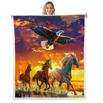 Galloping Horse Throw Blanket,Flying Eagle Sunset Seaside Bed Blanket ,Wild Animal Western Cowboy Rustic Fleece Blanket,Yellow Fuzzy Blanket, (30 x 39 Inches)