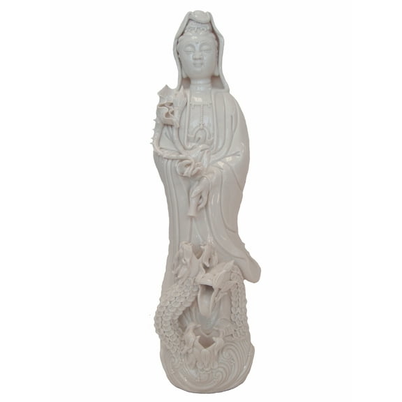 12" White Standing Kwan Yin, Kuan Yin, Guan Yin w/ Dragons