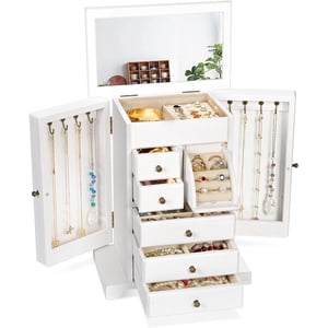 Sfugno 6-Layer Rustic Wooden Jewelry Box with Mirror