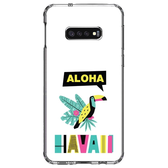 DistinctInk Clear Shockproof Hybrid Case for Samsung Galaxy S10e (5.8" Screen) - TPU Bumper, Acrylic Back, Tempered Glass Screen Protector - Summer Graphics - Aloha Hawaii Yellow Teal Pink