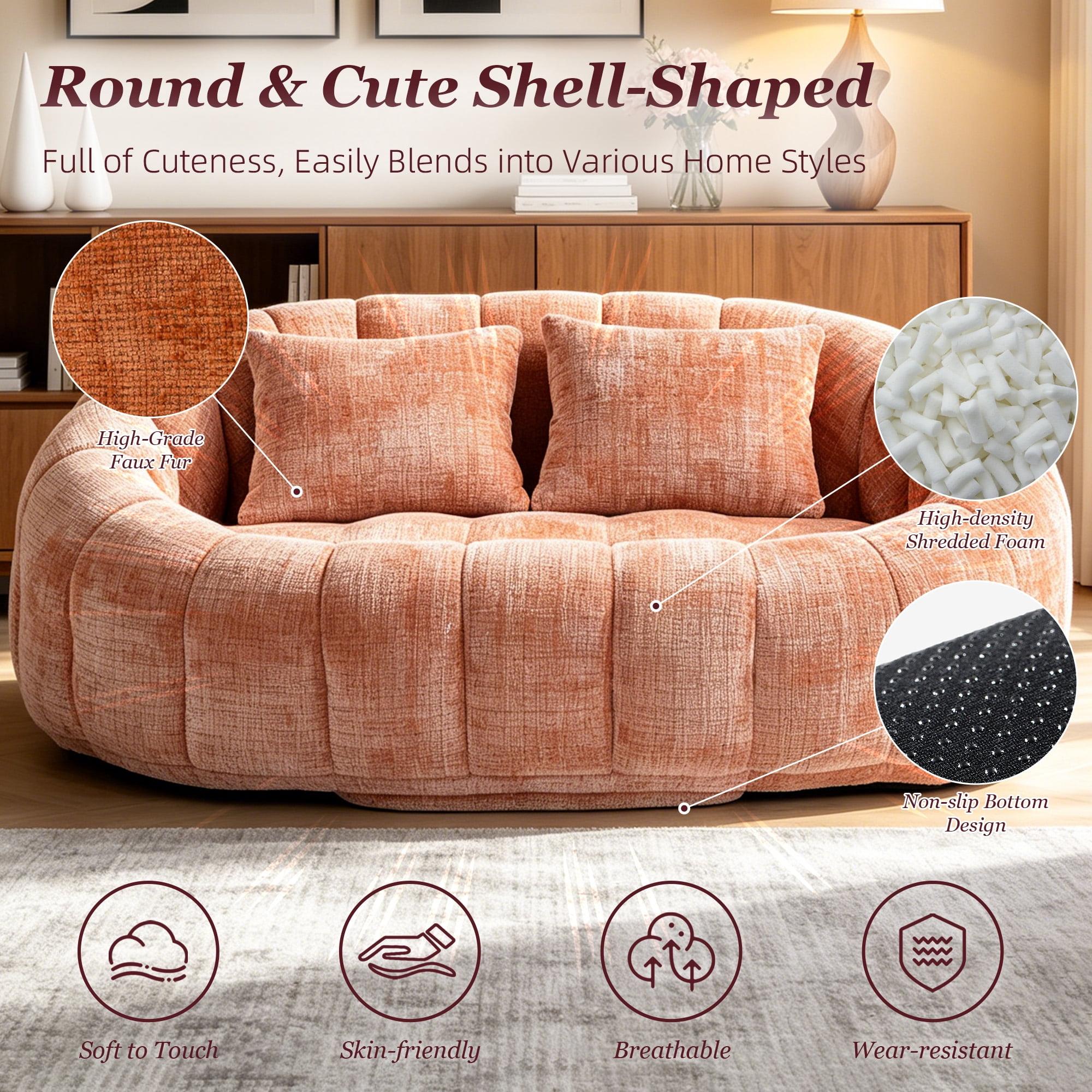 MOONMISS Large 59'' Bean Bag Chair for Adults,Chenille Shell-Shaped Couch with Two Pillows,Oversized Single Sofa,Pink