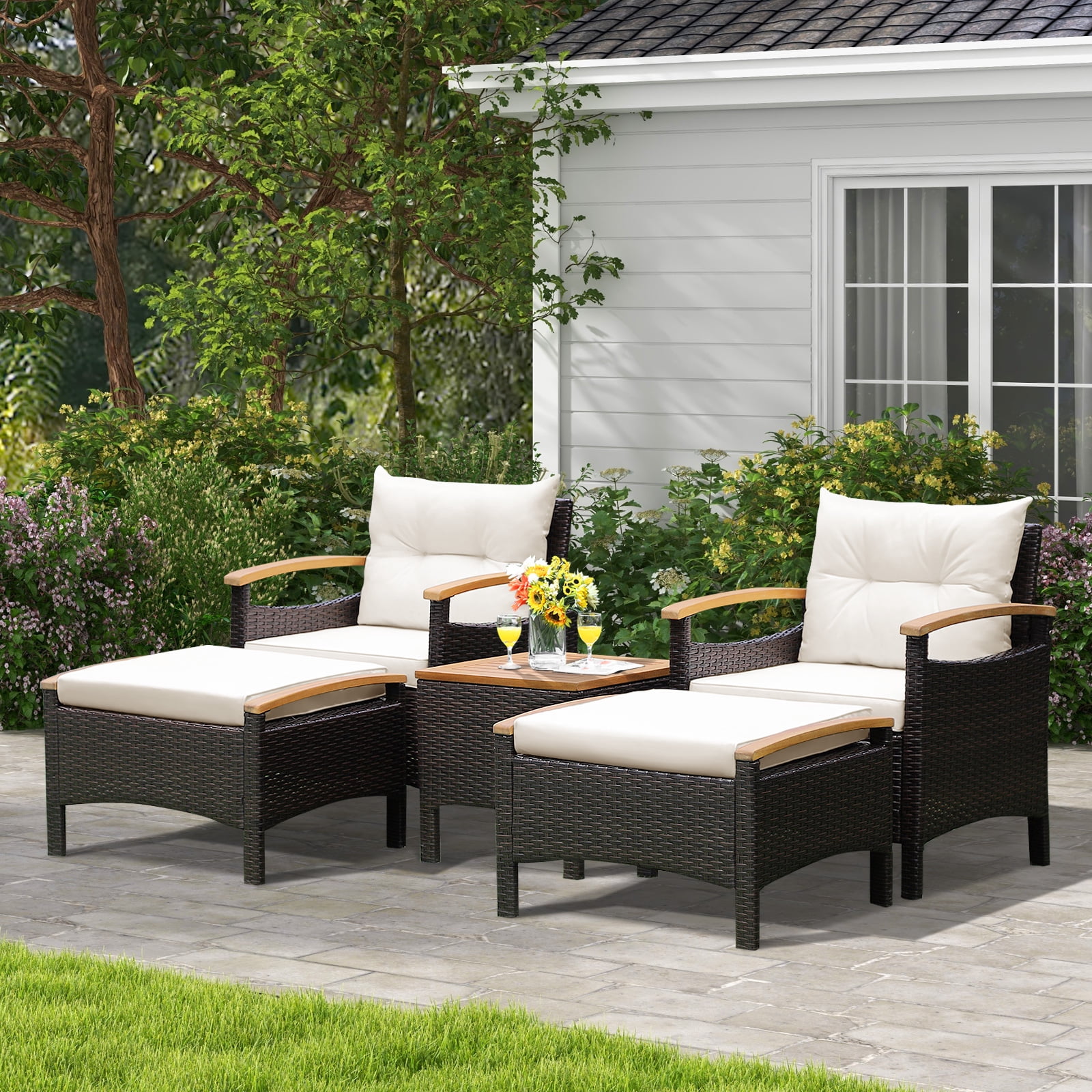BLACK JAGUAR Outdoor Patio 5PCS Rattan Conversation Furniture Set Acacia Wood Frame Chair with Coffee Table & 2 Ottomans for Backyard&Poolside