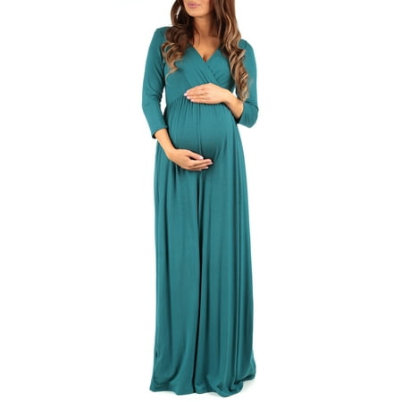 

Mother Bee Maternity V-Neck 3/4 Sleeve Ruched Waist Dress