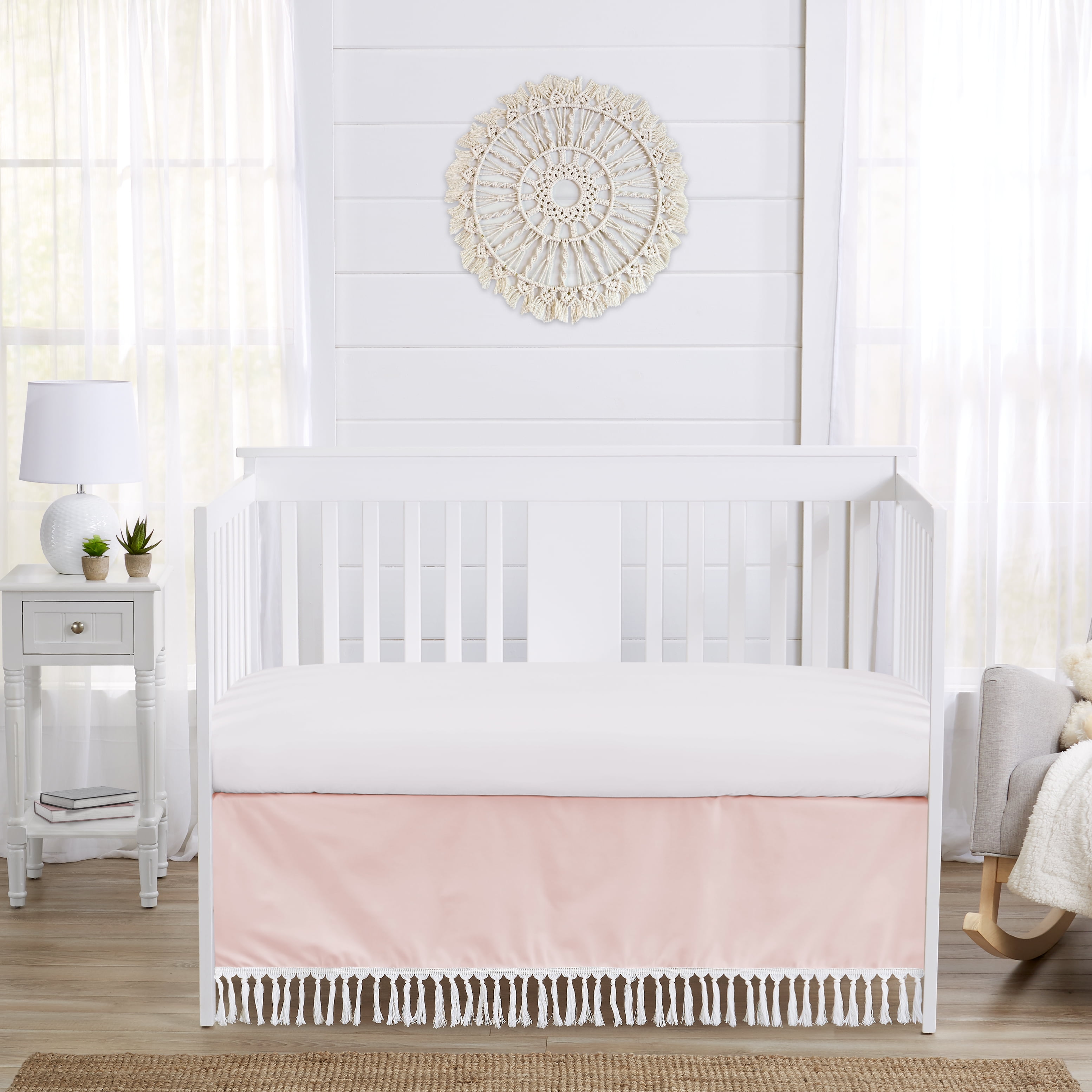 Boho Fringe Pink and White Dust Ruffle Crib Skirt by Sweet Jojo Designs