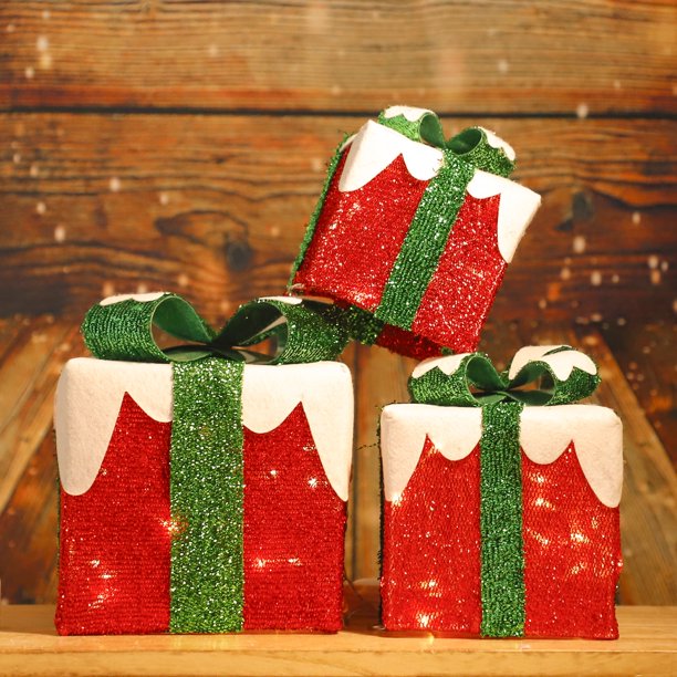 Zimtown Juego de Caja de Regalo Brillante de 3 Piezas para Decoración Navideña Festiva Decoración Interior y Exterior
