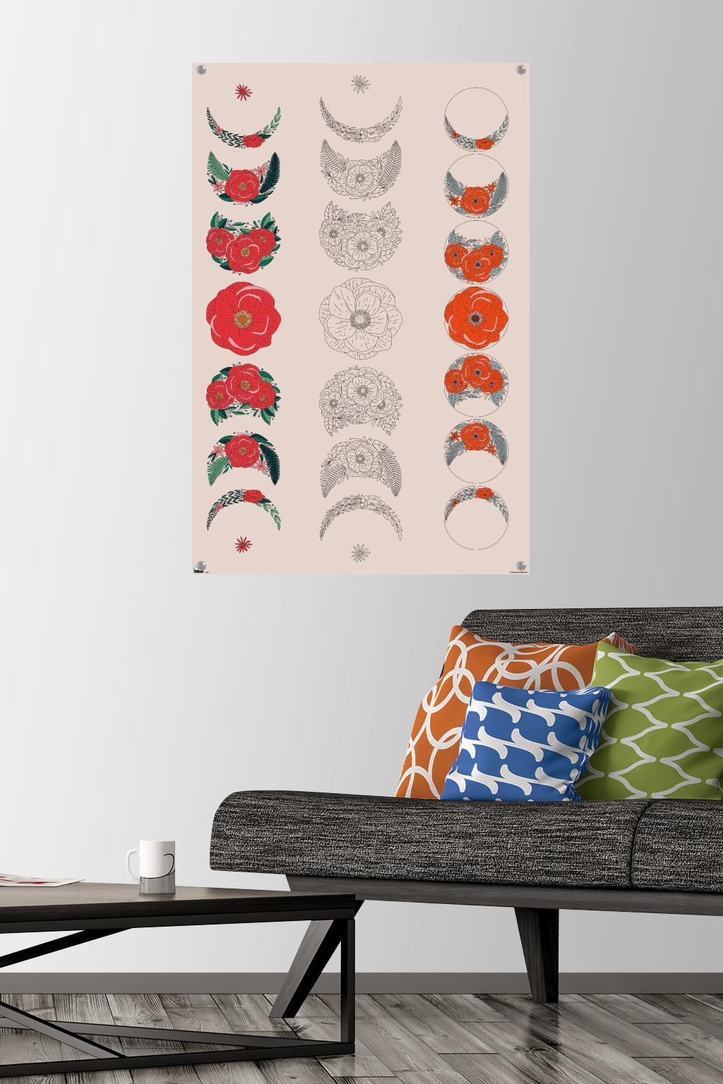 Floral Phases of the Moon Wall Poster with Pushpins, 22.375" x 34"