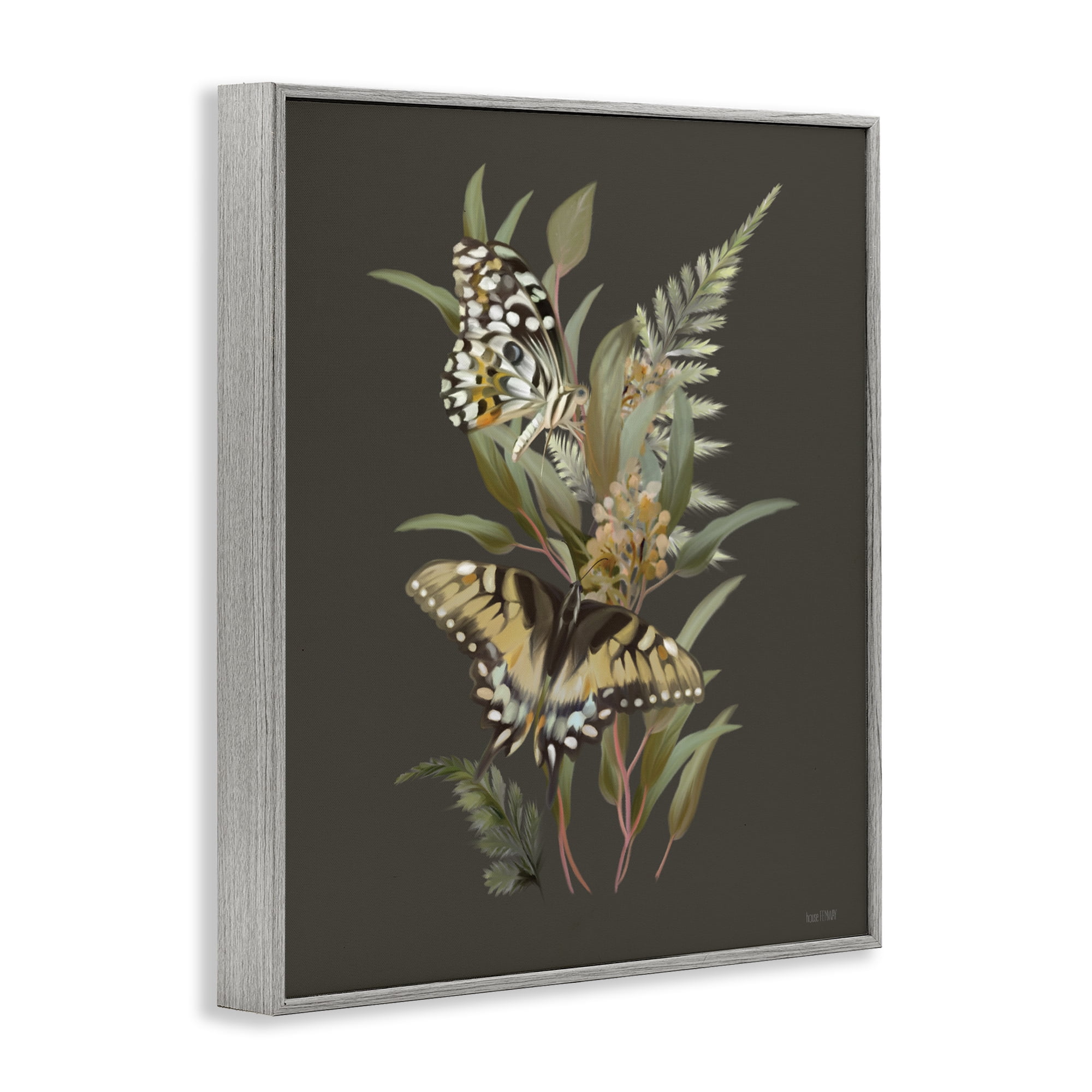 Stupell Industries Twin Swallowtails & Greenery Gray Framed Giclee Art, design by House Fenway