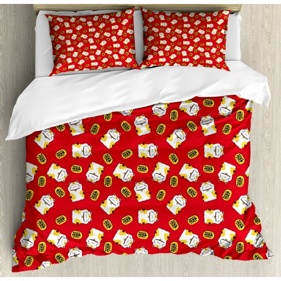 Japanese Cat Duvet Cover Set King Size, Cat Luck Signs Sen Man Ryou Coins Mellow Eyes, Decorative 3 Piece Bedding Set with 2 Pillow Shams, Vermilion Mustard White, by Ambesonne