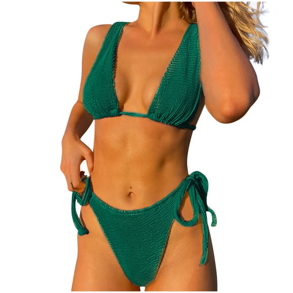 Yuanlook Women Bikini Sets Two Piece Bathing Suits Textured Padded Bikini Swimsuits Side Tie Thong Bottom Swimwear,Green,L
