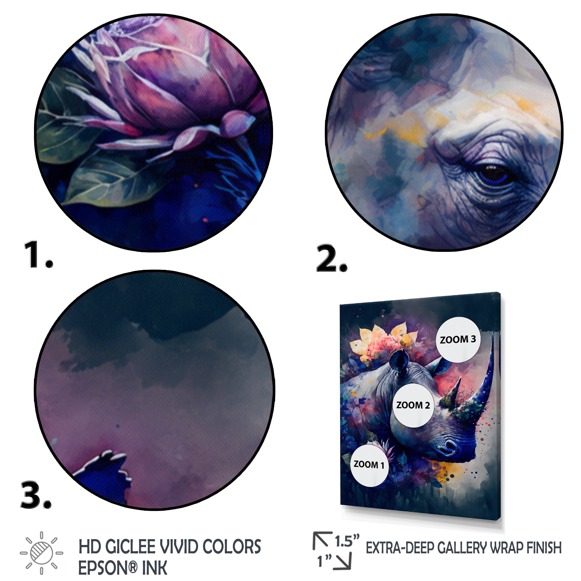 Designart Cute Rhino Floral Art I Canvas Wall Art