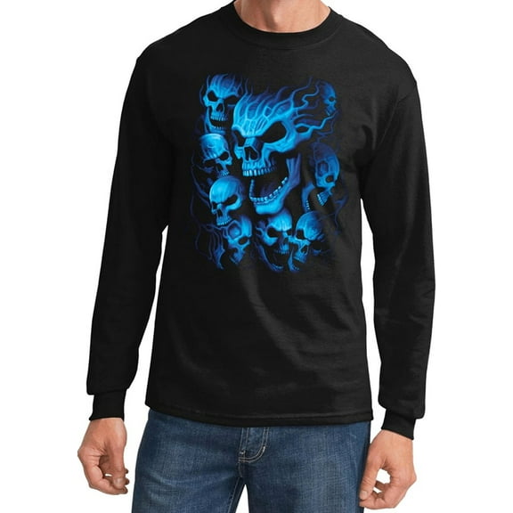 Mens Screaming Blue Skulls Long Sleeve Tee - Black