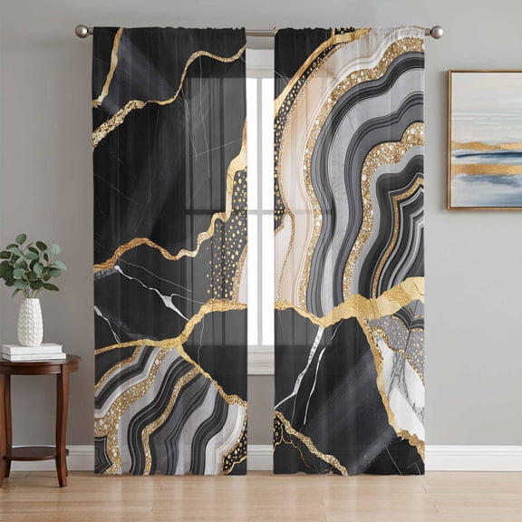Black Marble Sheer Curtains 63 Inch Length 2 Panels Set, Grey Gold Texture Vintage Farmhouse Art Voile Window Treatment Rod Pocket Curtains Sheers Drapes for Bedroom/Living Room/Kitchen 52x"63"x2