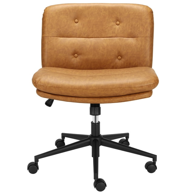 Chaise Croisée, Chaise de Bureau pour s'Asseoir en Tailleur, Chaise de Bureau Sans Accoudoirs avec Roulettes, Chaise Pivotante pour Coiffeuse, Siège Élargi, Hauteur Ajustable, Brun