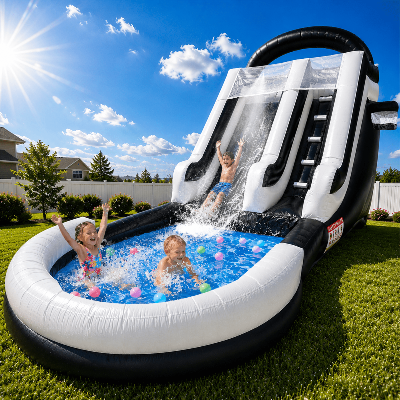 Vakiorn Commercial Water Slide 248.03x106.3x114.17 inch PVC Inflatable Pool with Blower Wet Dry Use Black