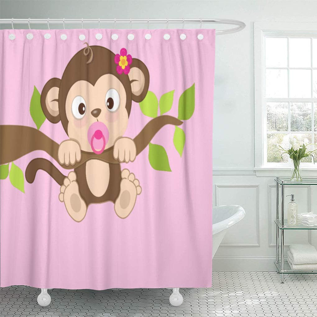 Monkey sketch Waterproof Polyester Fabric Shower Curtain & Bathroom Mat Set new 