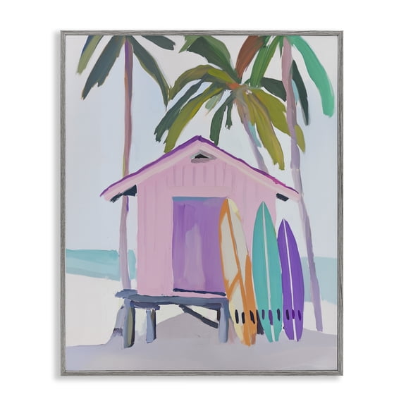 Stupell Industries Tropical Pink Beach Hut with Surfboards Gray Framed Giclee Art, 16 x 20, by Sisi and Seb