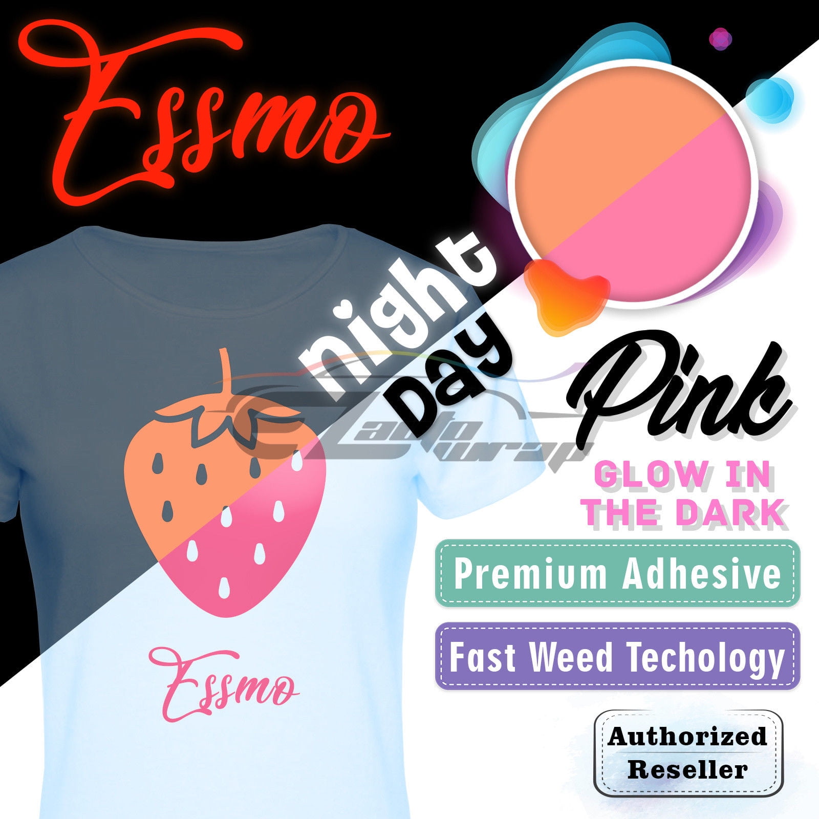 ESSMO™ Glow in The Dark Pink Transfer Vinyl HTV T-Shirt 20" Wide Roll Iron Heat Press GD04 20"x60"