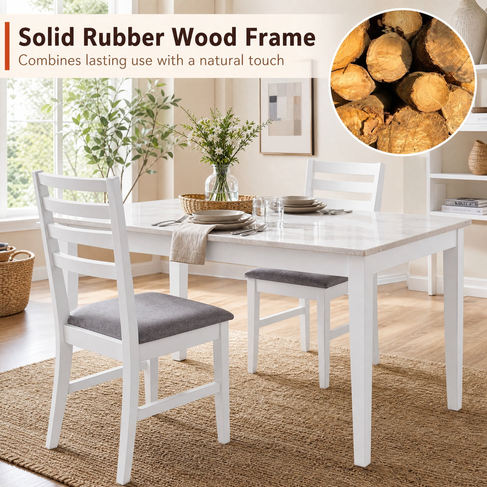 Furnibear Farmhouse Dining Chairs Set of 2 Upholstered with Tall Backrests and Rubber Wood Frames for Kitchen Dining Room, White