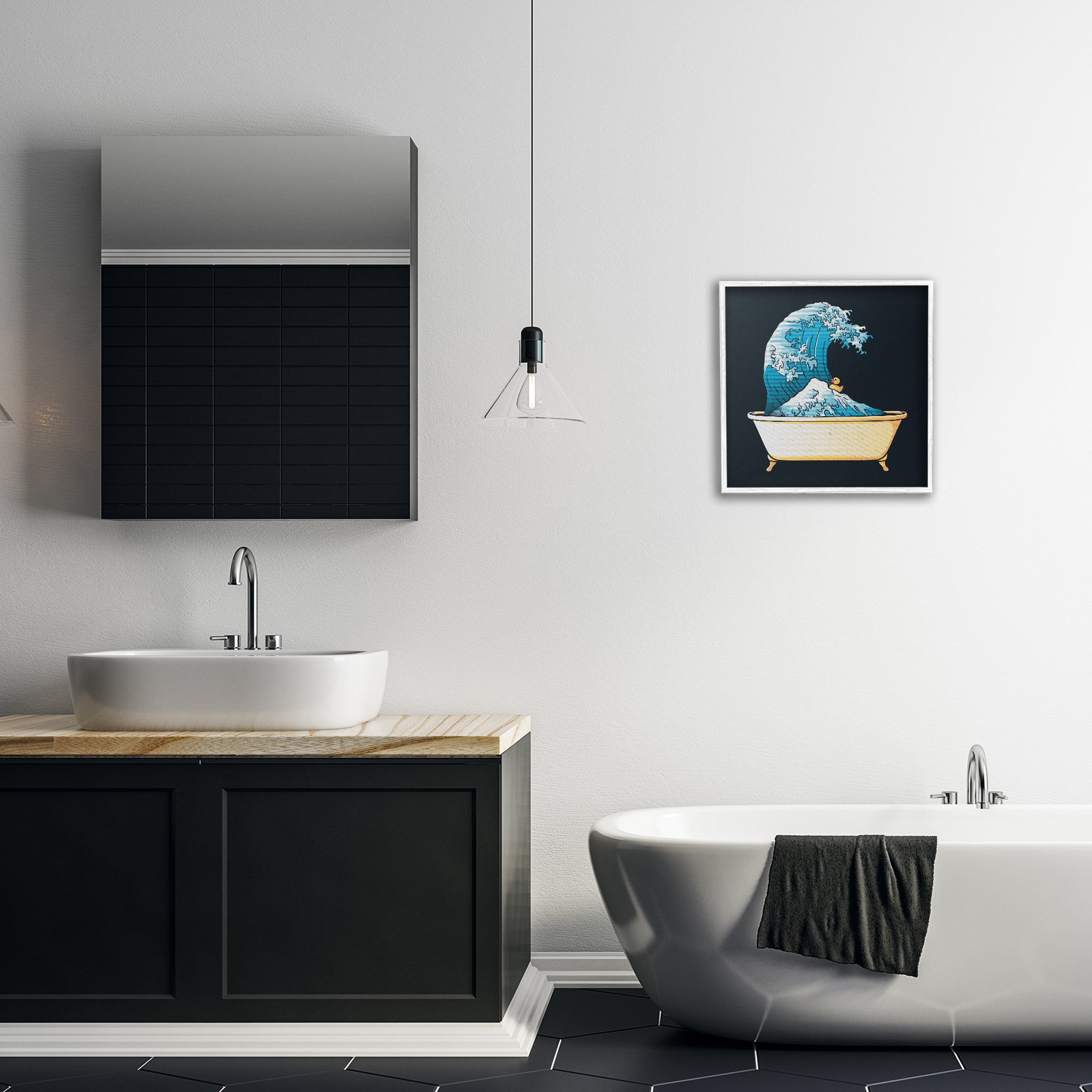Stupell Industries Bathtub with Kanagawa Wave White Framed Giclee Art, design by Tobe Fonseca