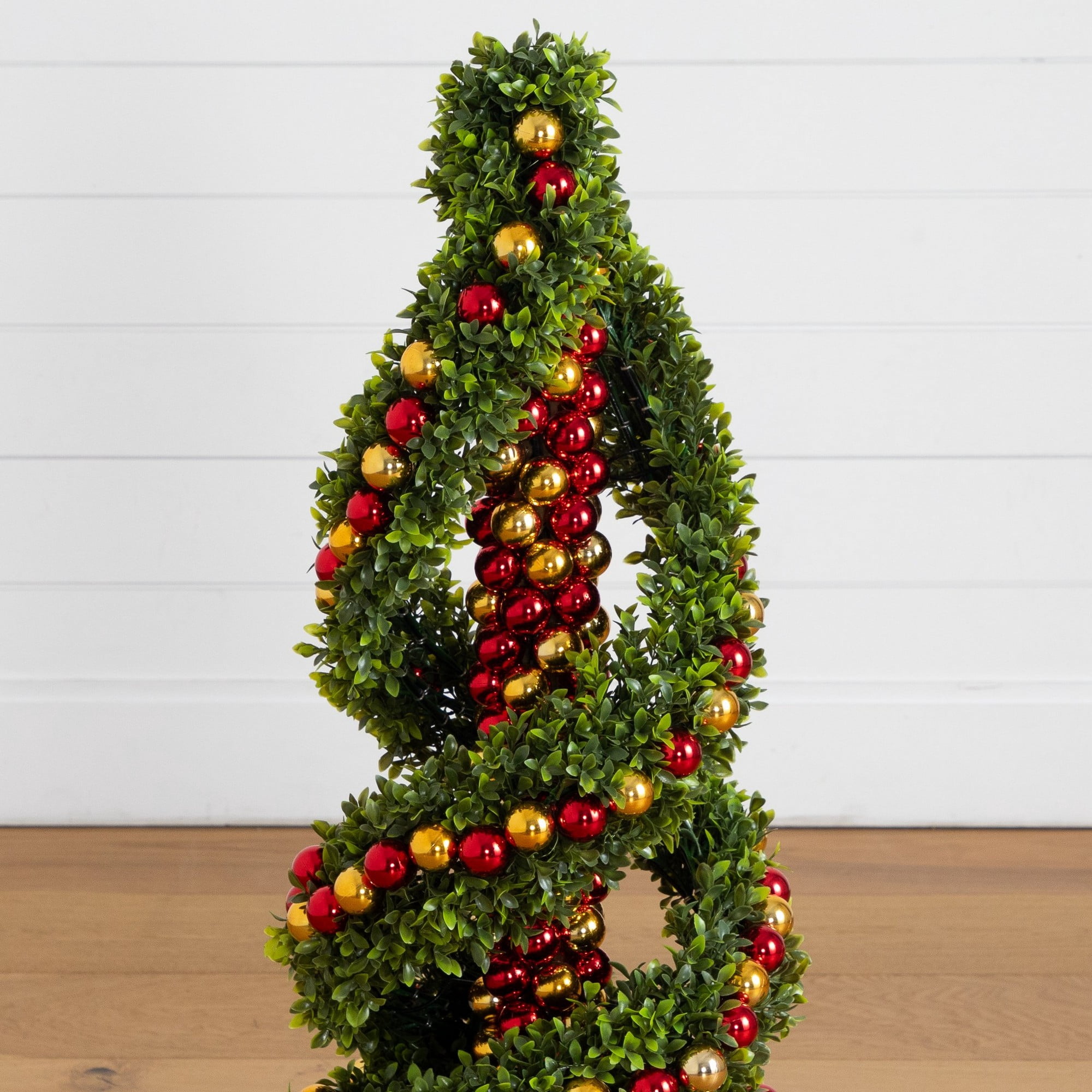 3ft. Pre-Lit Artificial Christmas Spiral Boxwood Topiary Tree with Ornaments and 70 LED Lights in Decorative Urn