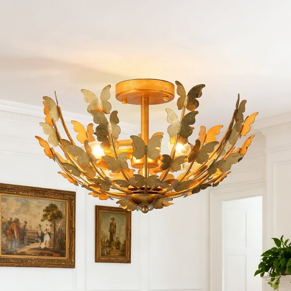 18" Modern Gold 4-Light Butterfly Semi-Flush Mount Ceiling Light for Living Room and Entryway