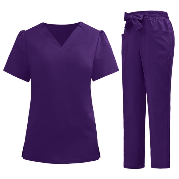 PRINxy Women's Pocket Split Scrub 2 Piece Set Short Sleeve Top and Relaxed Pants Nurse Medical Daily Work Uniform Purple XL