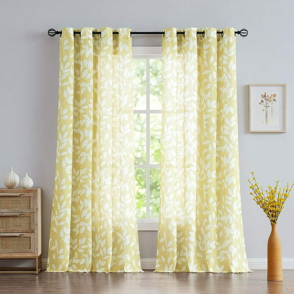 Exultantex Leaf Print Sheer Curtain with Grommets - W55"×L95", Yellow, Sheer Fabric，Set of 2