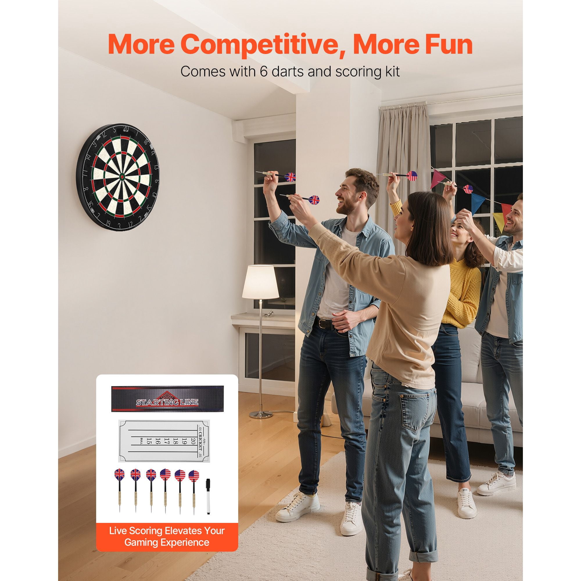 Dranite Professional 17.7" Steel Tip Dartboard Set - 6 Darts, Sisal Fiber Board with Staple-Free Bullseye & Rotating Ring for Home Game Rooms