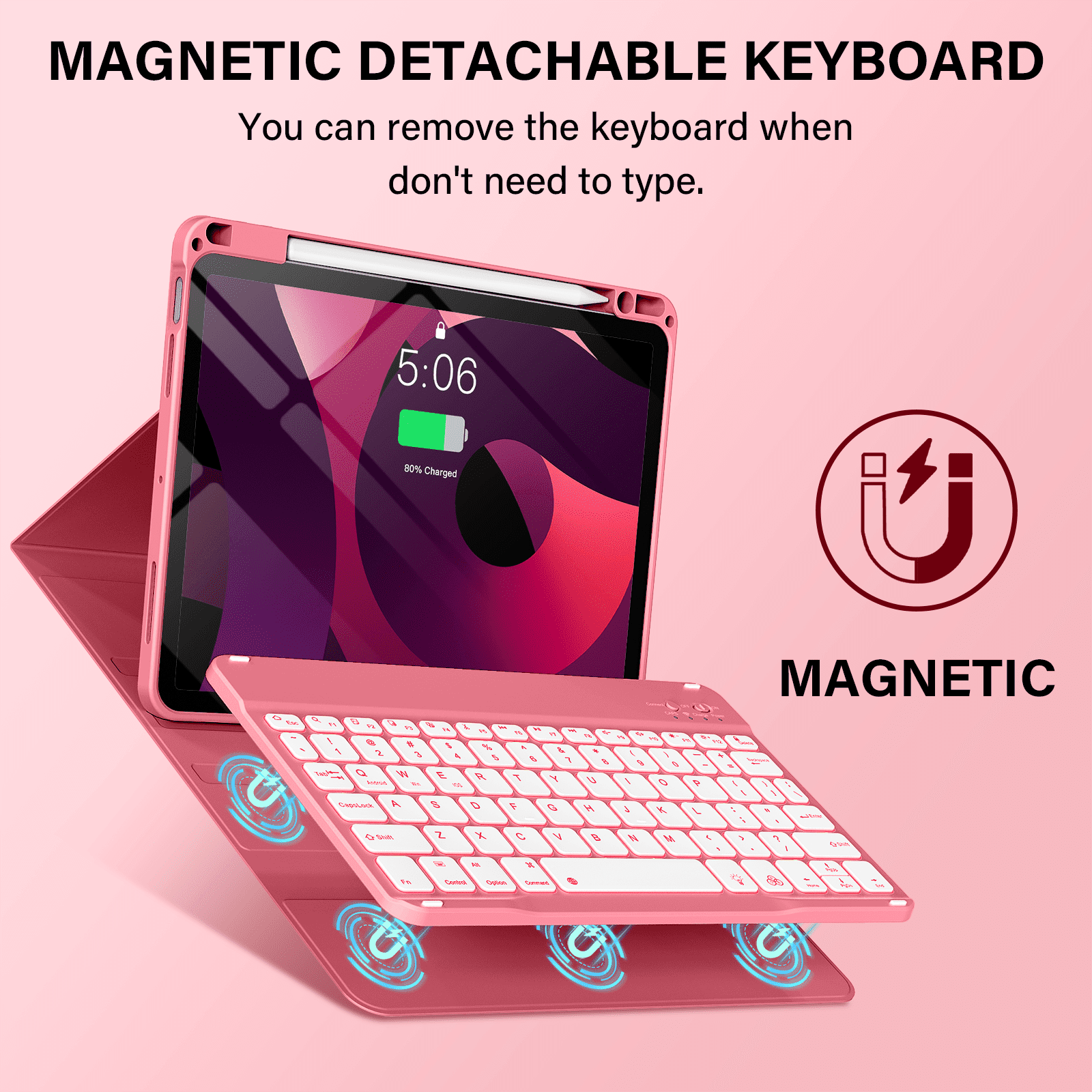 Kenke Keyboard Case for iPad Air 11-inch M3/M2 (2025/2024), iPad Air 5th/4th Generation (2022/2020) - with Pencil Holder,7 Colors Backlit Keyboard,Wireless Detachable Keyboard Cover,(Pink Red)