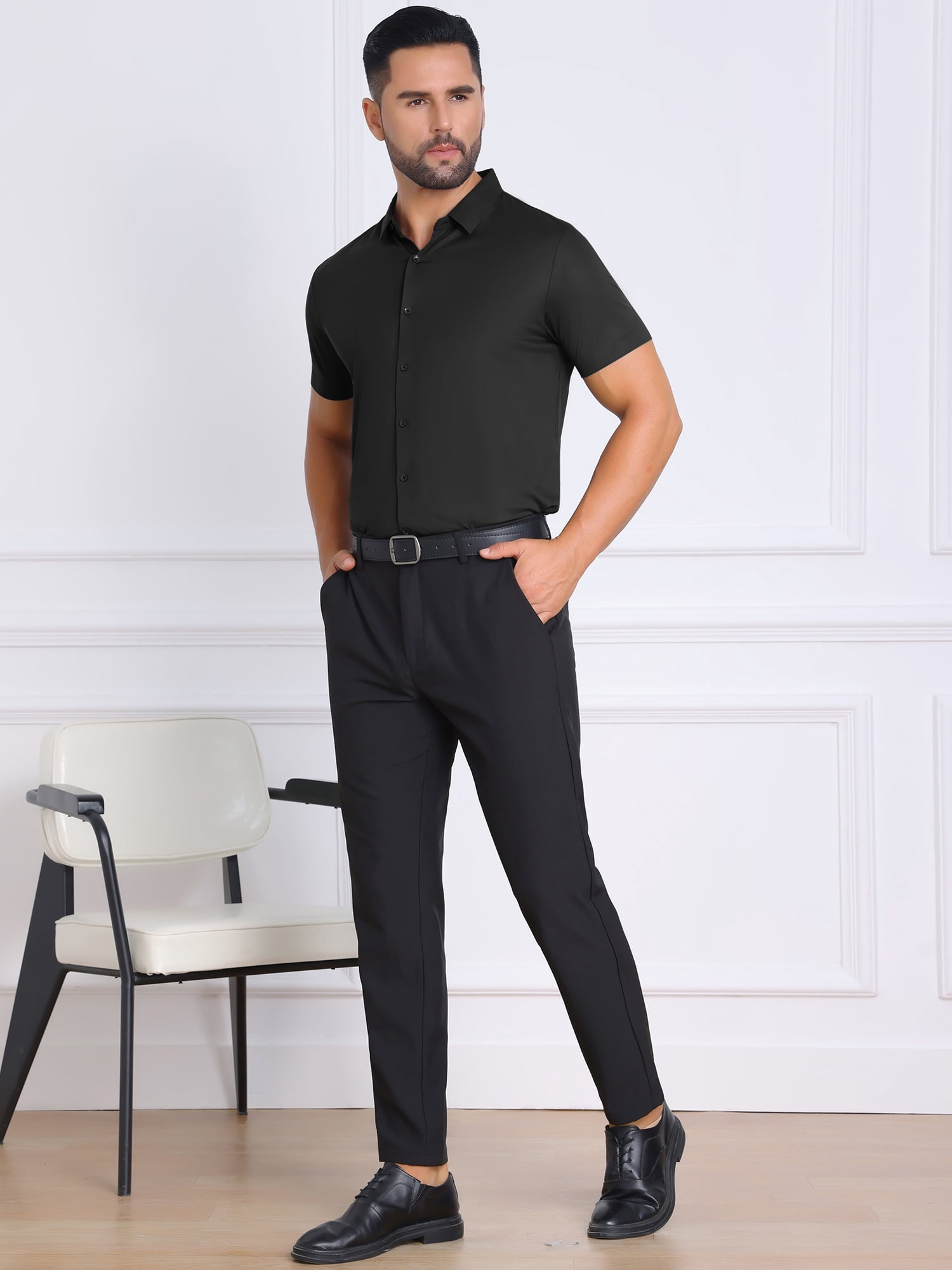 DARING DIVA Men's Button Down Point Collar Short Sleeve Business Dress Shirt 2XL Black