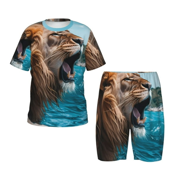 Balery Ice Blue Coastal Lion Conjunto de Pijama Infantil de Manga Corta con Estampado – Ropa de Dormir de Algodón Suave-Medium