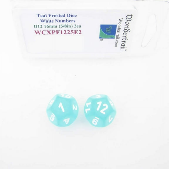Teal Frosted Dice with White Numbers D12 Aprox 16mm (5/8in) Pack of 2 Wondertrail