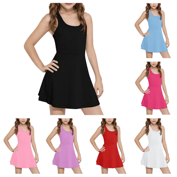 Bxsruta Girls Sleeveless Athletic Dress Racerback A-Line Skater Sundress Flowy Casual Summer Play Tennis Dress for Kids