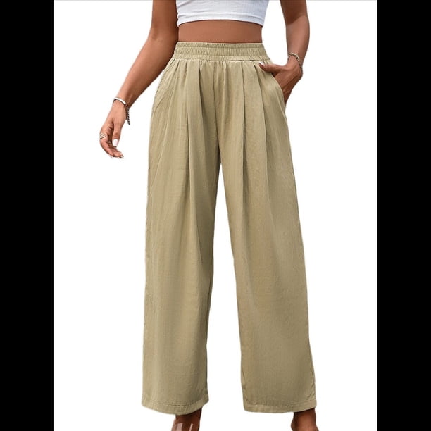 Pantalones Casuales para Mujer, Holgados, con Cordón, Cintura Alta, Pierna , para Playa y Bolsillos. Albaricoque S