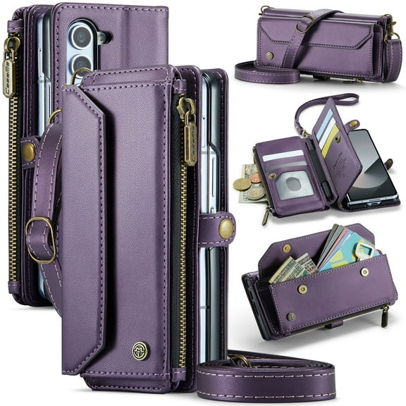 ShieldPlus for Samsung Galaxy Z Fold 7 Case with S Pen Holder, Women Men Multi-Function Wallet Case with Stand RFID Blocking Magnetic Closure Zipper Shoulder Strap Wrist Strap,Purple