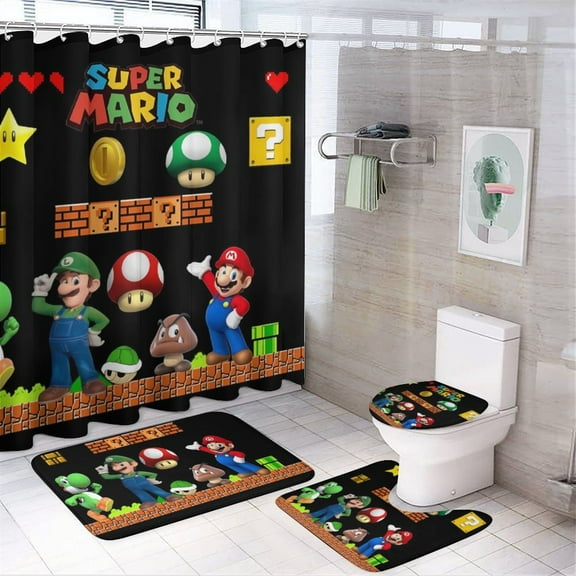 Mario 4Pcs Family Shower Curtain Sets with Non-Slip Rugs, Toilet Lid Cover and Bath Mat, Black Home Bathroom Decor Set Accessories Waterproof Shower Curtains with 12 Hooks, 71 x 71 Inch
