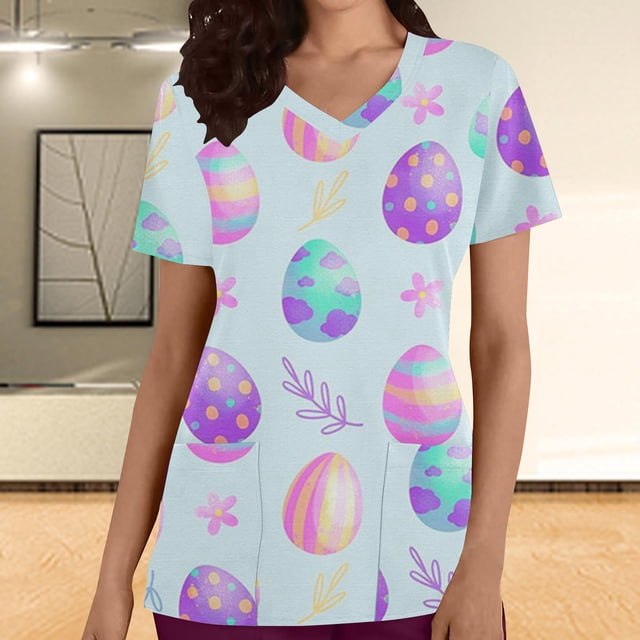 LSLJS Blouse T-shirt d'Infirmière de Pâques pour Femmes à Imprimé Oeuf et Lapin, Uniforme de Travail à Manches Courtes, Col en V, avec Poches