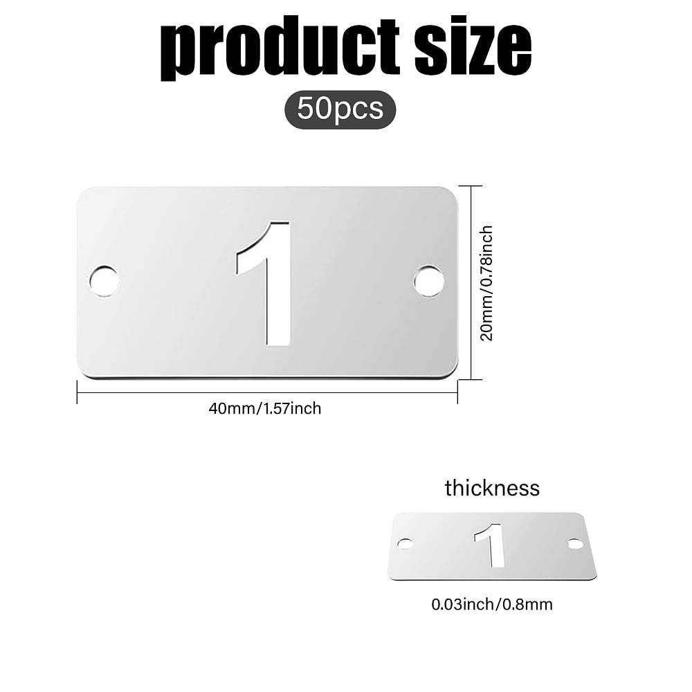 50Pcs Metal Numbered Tags 1-50 Stainless Steel Key Tags Rectangle Hollow Numbered Tags with Two Holes for Classify and Identify Items 1.57×0.78inch