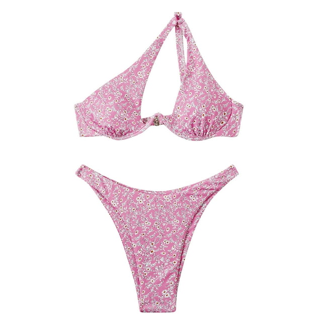 Cameland Ladies' Sexy Printed Split Shoulder Steel Support Bikini Two-piece Swimsuit Set