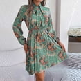 thumbnail image 5 of WTOBBY Women's Casual Elegant Flower Print Long Sleeve Tie Waist Pleated Skirt Dress Adjustable Belt for Custom Fit Chiffon-Like Fabric for Graceful Drape Perfect Garden Party ,Green S, 5 of 6