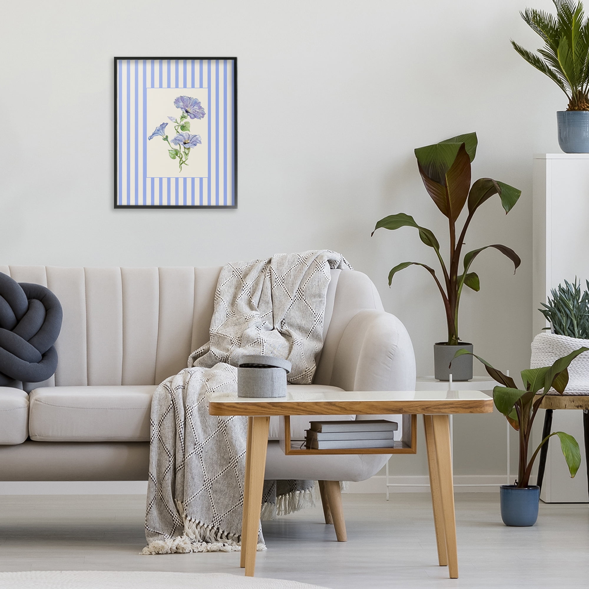 Blue Stripe Morning Glory Black Framed Giclee Art, design by Lisa Wehmeyer