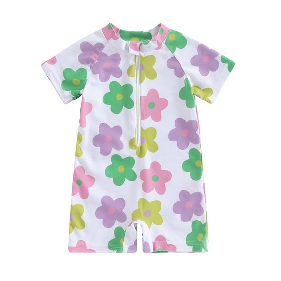 Elippeo Baby Girl Swimwear Summer Floral Print Short Sleeves Swimsuits 6 12 18 24 Months 3 Years for Toddler Bathing Suits Beachwear